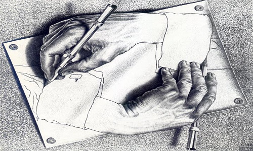 illustration of 2 hands drawing each other
