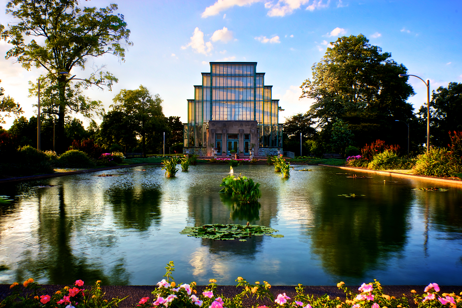 Landscaped fountain and glass building