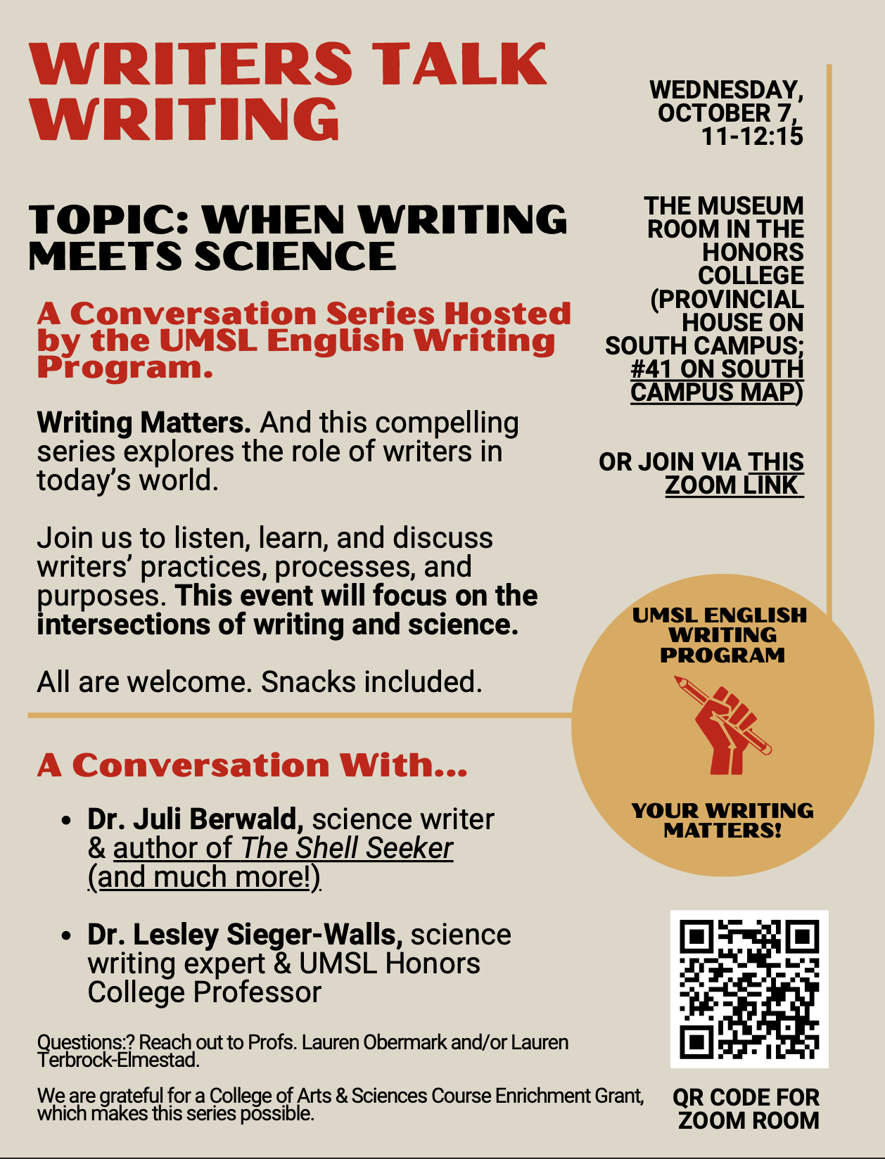 flyer for science writers talk writing event