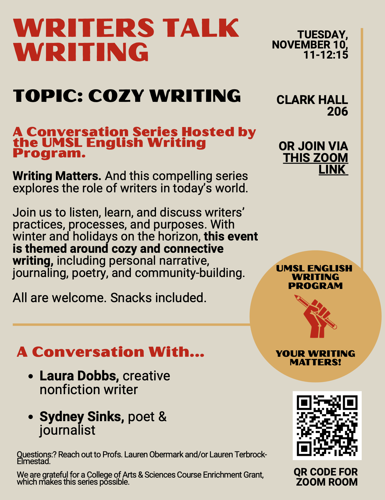 a flyer for the cozy writers talk writing event