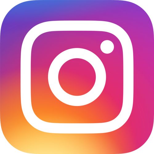 Icon for instagram, a stylized old camera outlined in white sits upon a sunset colored background.