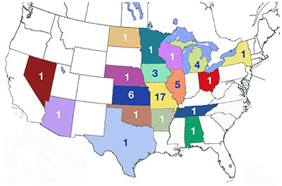 There are 17 students from Missouri, 6 from Kansas, 5 from Illinois, 4 from Michigan, 3 from Iowa, and one student for each of these states: Alabama, Arizona, Arkansas, Minnesota, Nebraska, New York, North Dakota, Ohio, Oklahoma, Tennessee, Texas and Wisconsin