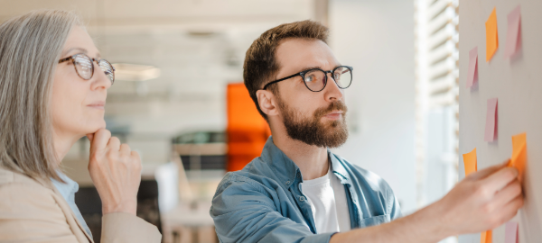 Two professionals examining a wall of sticky notes