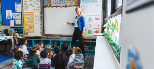 An elementary teacher presenting to a group of students