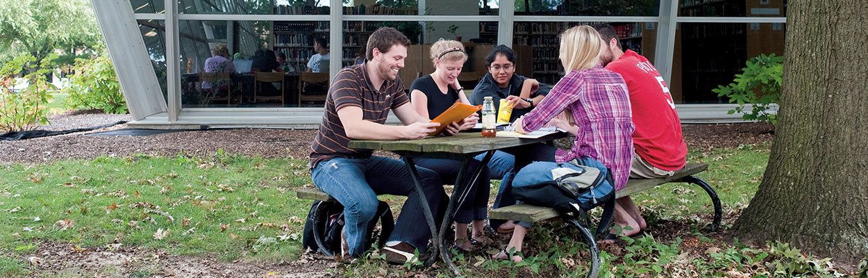 students sitting around a picnic table by the Collabitat
