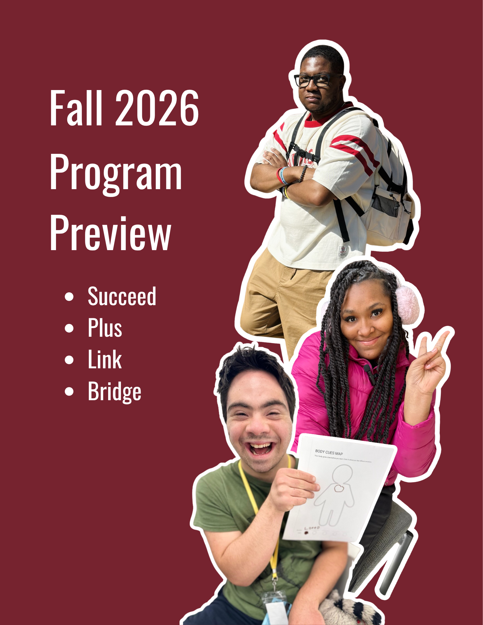 Photo cutouts of college students, two males and one female