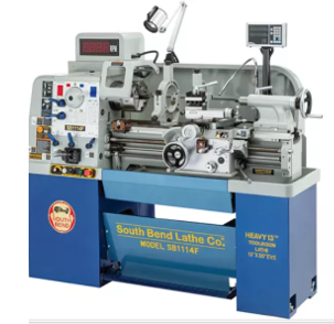 A detailed image of a South Bend Lathe, model SB1114F, showcasing its control panel and operational features.
