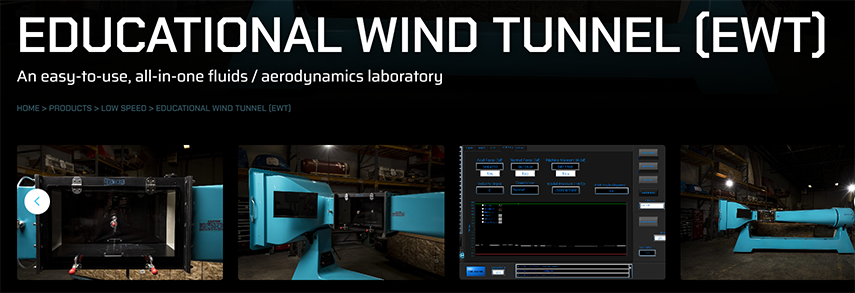 Logo of the Educational Wind Tunnel (EWT), showcasing its features as an easy-to-use educational laboratory for fluid dynamics and aerodynamics.