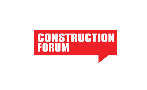 Logo for Construction Forum featuring bold white text on a red speech bubble.