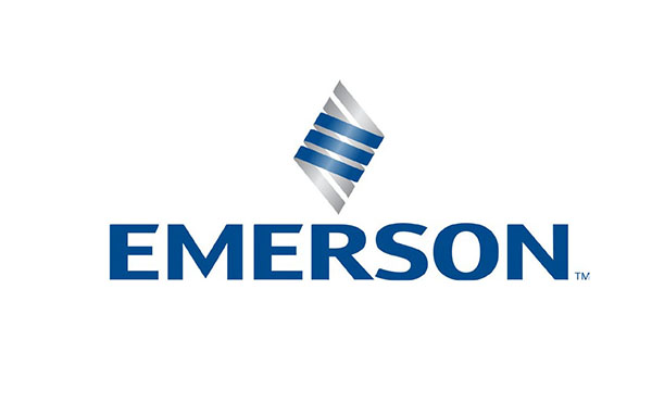Emerson logo featuring a stylized diamond shape and bold blue lettering.
