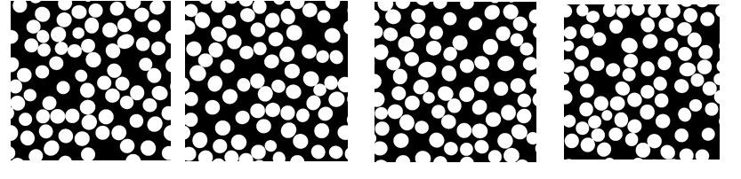 Four black-and-white abstract panels with scattered white circles on a black background.