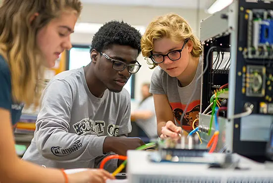 Students engaged in hands-on technical learning by working on electronic equipment and wiring.