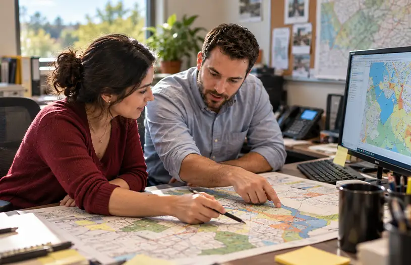 Team of analysts collaborating in a modern operations center, reviewing large map displays and printed charts at a workstation.