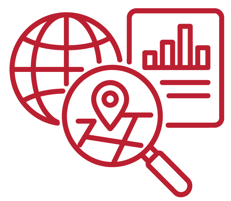 globe magnify glass and data chart icon
