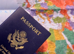a US passport on a map background