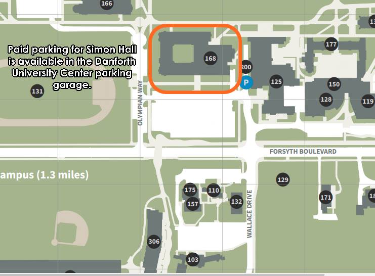 Map of Washington University campus depicting location of Simon Hall