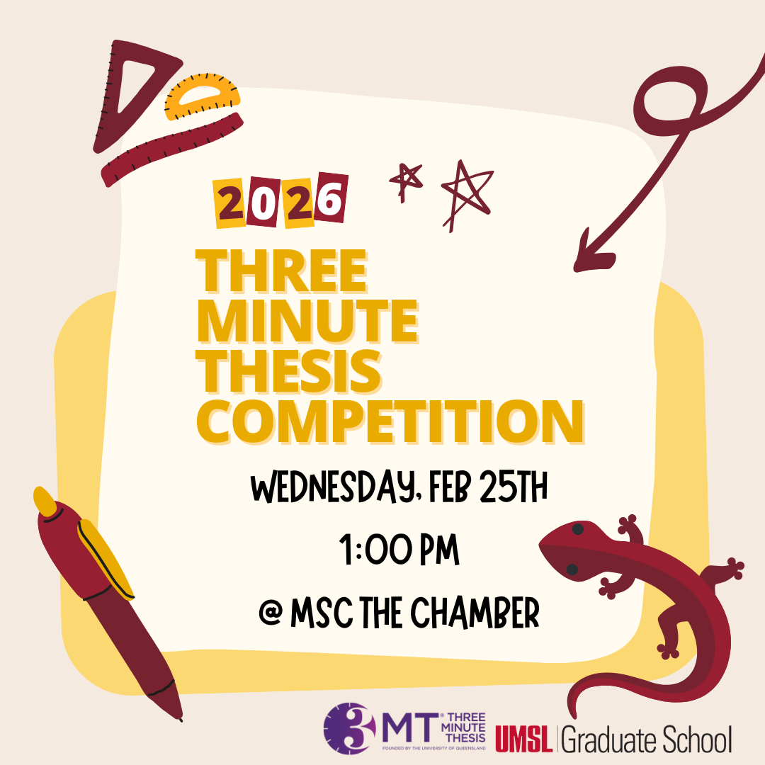 Graphic promoting the 2026 Three Minute Thesis Competition including date, time, and location details.