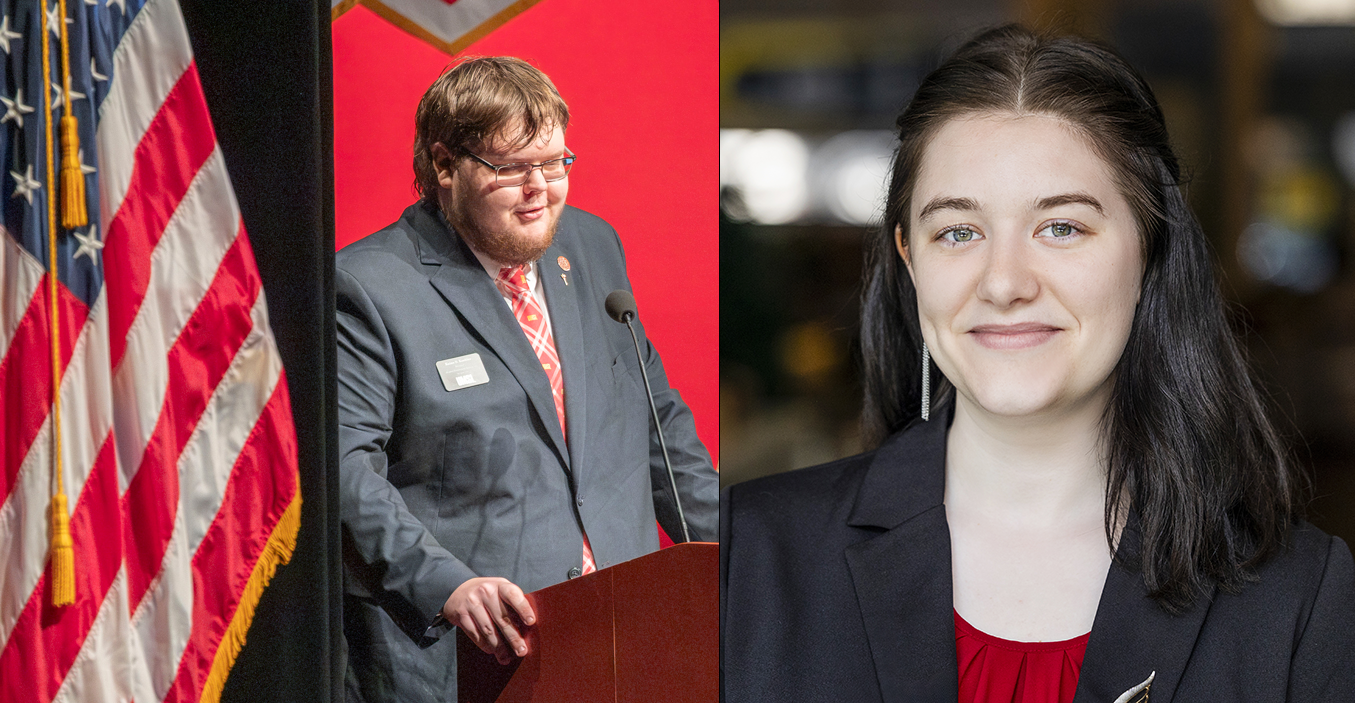 Side-by-side portraits of two individuals in professional attire. On the left, a person stands at a podium speaking into a microphone, with American flags visible in the foreground and a red backdrop behind. On the right, a person wearing a dark blazer and red top poses for a professional headshot against a softly blurred indoor background.