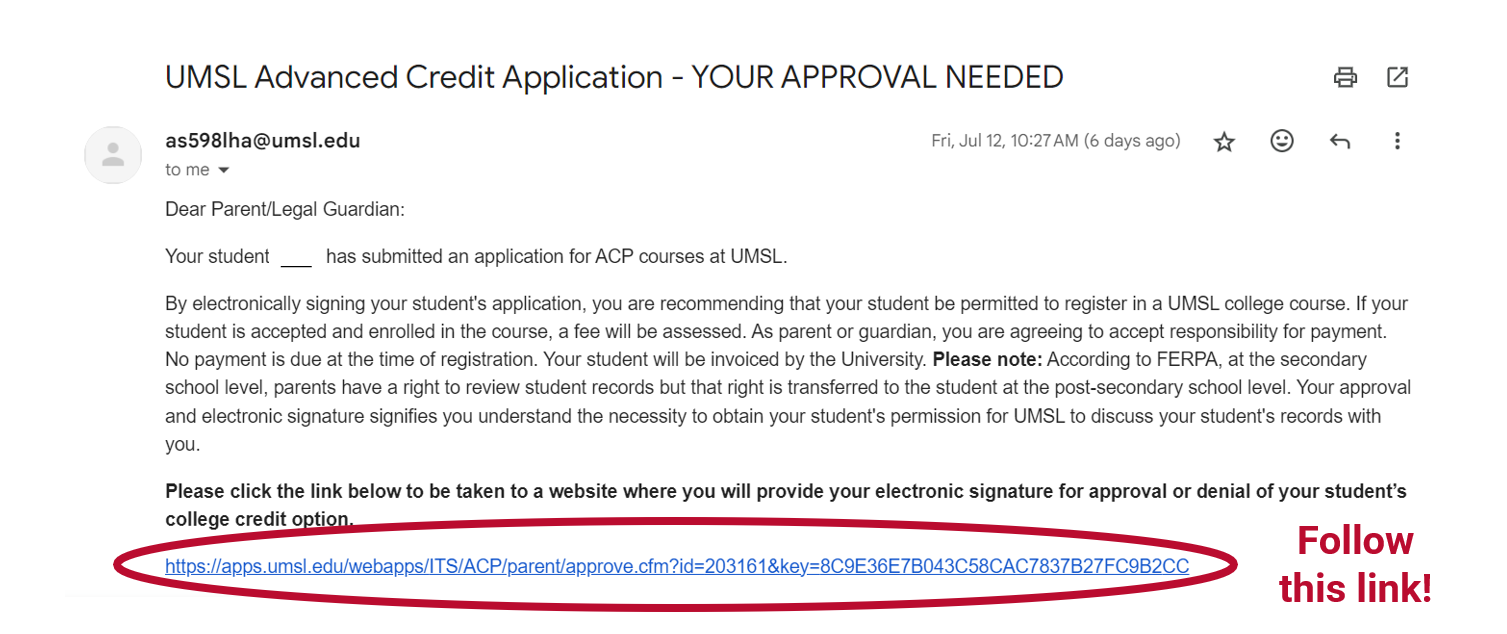 An example of the confirmation email parents/guardians will receive. The link to approve appears at the bottom.