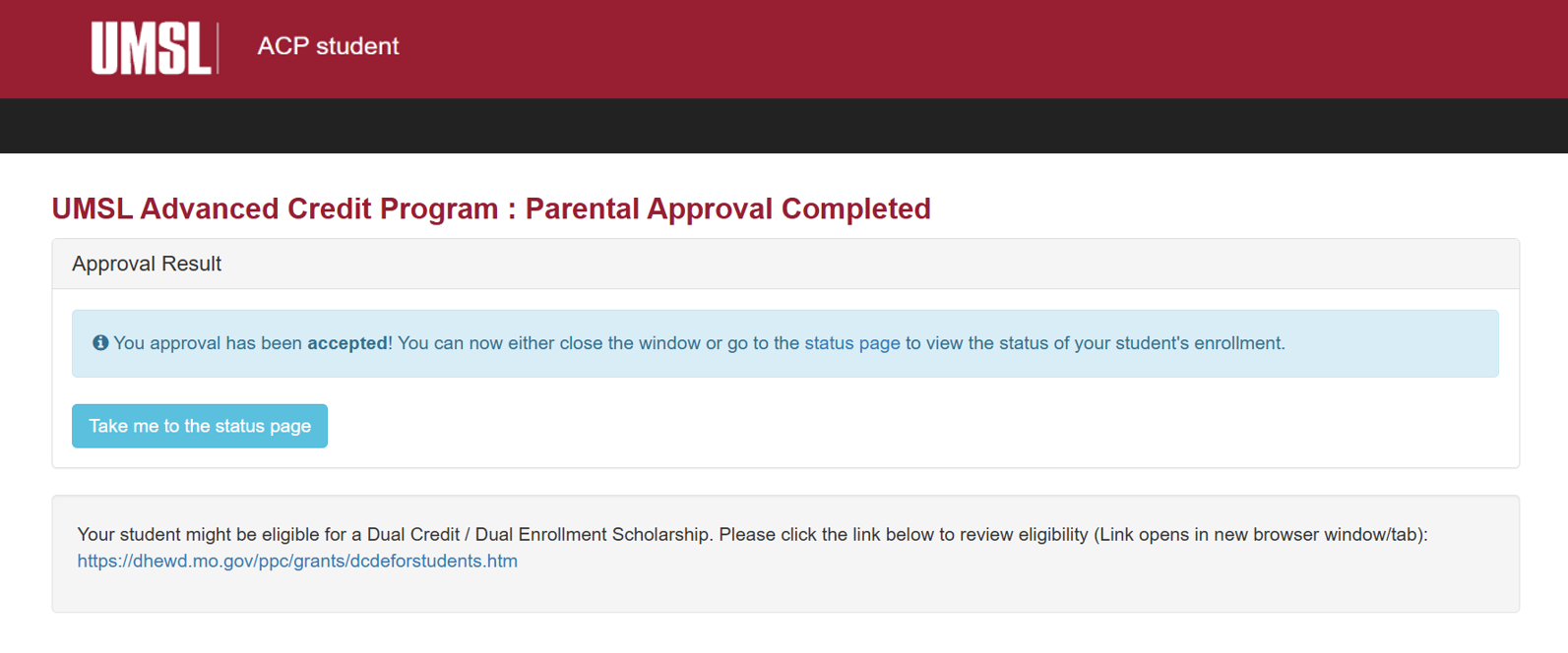 A confirmation page indicating that the parent/guardian successfully approved their student's application