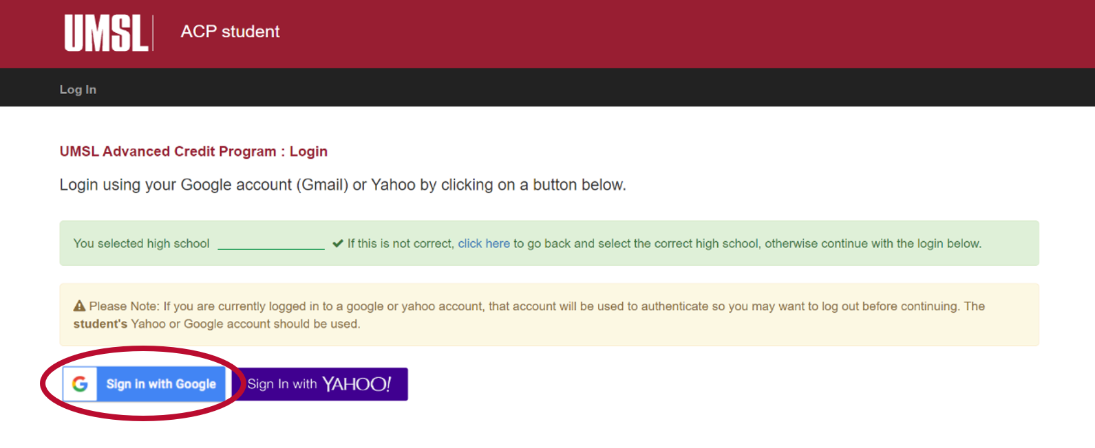 Students will be prompted to sign in with a Google or Yahoo account.