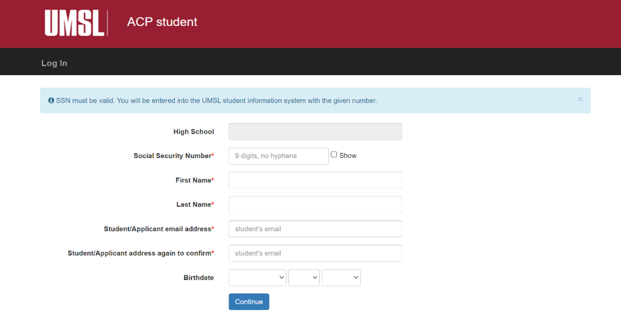 Students create a profile by entering their name, SSN, email, birthday, and high school