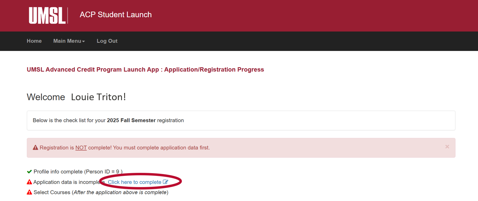A checklist shows that the student profile is complete, but the application and course selection are still pending.