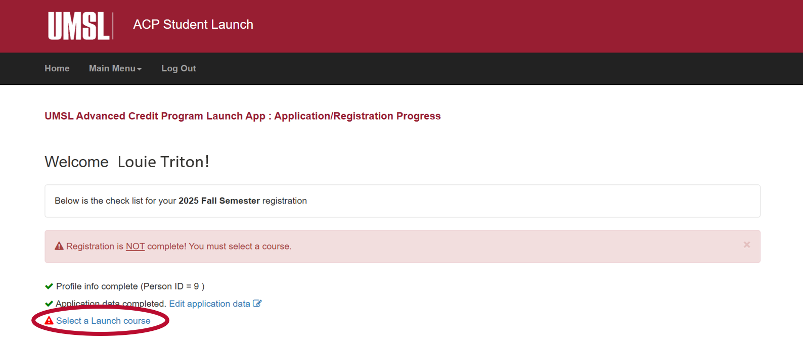 A checklist shows that the student profile and application are complete, but course selection is still pending.