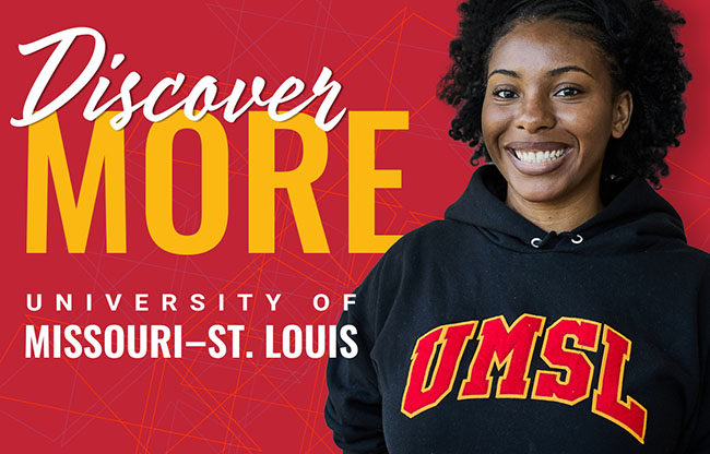 Digital ad with a smiling student in a UMSL hoodie and the text “Discover MORE” and “University of Missouri–St. Louis.”