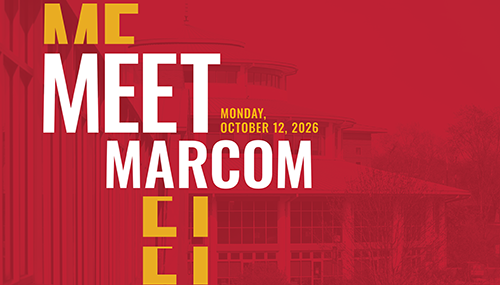 Red promotional graphic reading “MEET MARCOM” with the date “Monday, October 12, 2026,” over a faint building background.