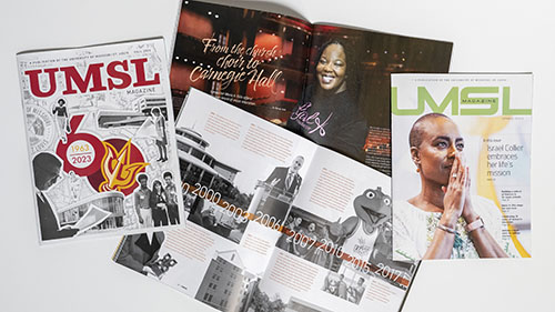 The cover and an inside spread of UMSL Magazine