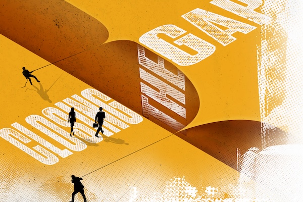 Illustration featuring figures pulling on a rope that creatively forms the text "CLOSING THE GAP" against a vibrant yellow background.