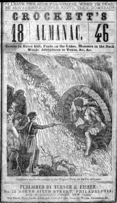 cover of Crockett Almanack 1846, Crockett riding his pet alligator up the Niagara Falls