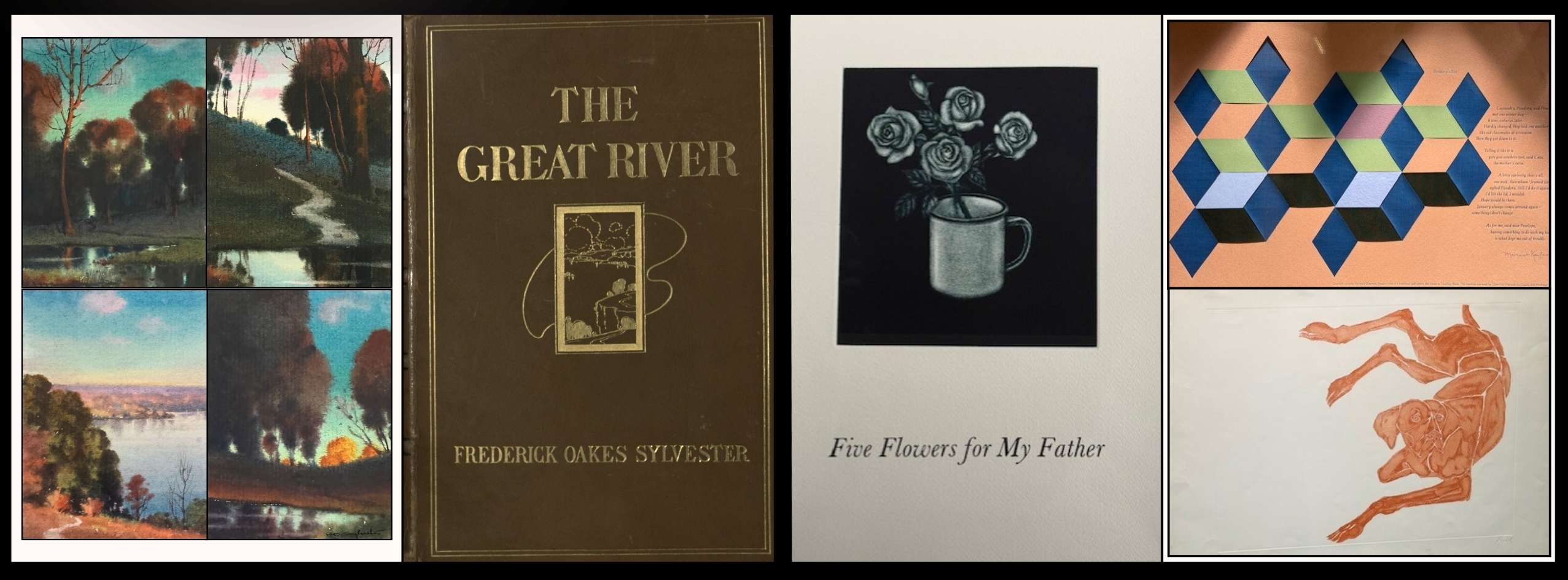 Composite image showing watercolor illustrations from The Great River, the book’s cover, and selected contemporary fine press prints.