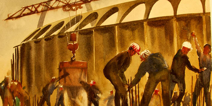 James Godwin Scott, <em>Work Crew, Busch Stadium Garage,</em> watercolor, 1965 (detail) Work Crew, Busch Stadium