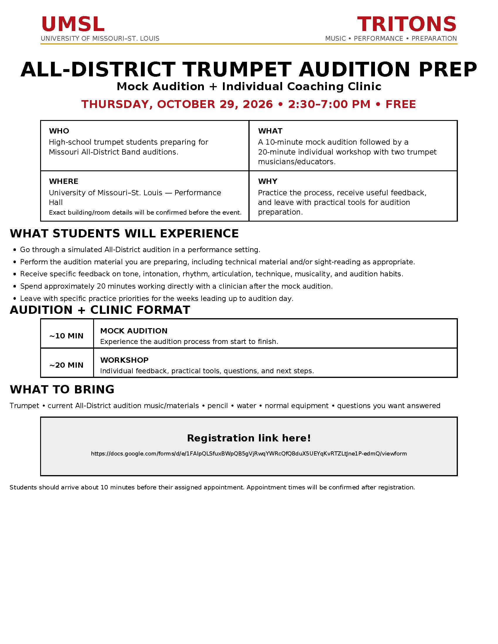 Information sheet with text regarding UMSL Trumpet Audition Prep