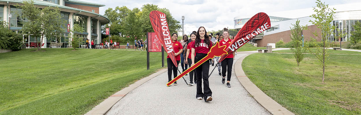 students outside during orientation