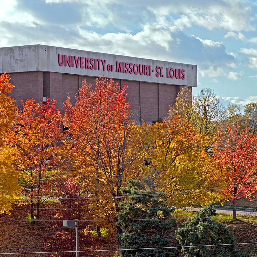 UMSL sign above trees