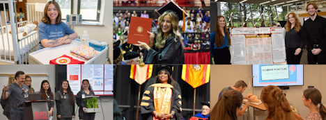 Collage of campus and graduation moments: students at a table, holding a diploma and wearing regalia, presenting research posters, standing for photos, and attending a lecture in a classroom.
