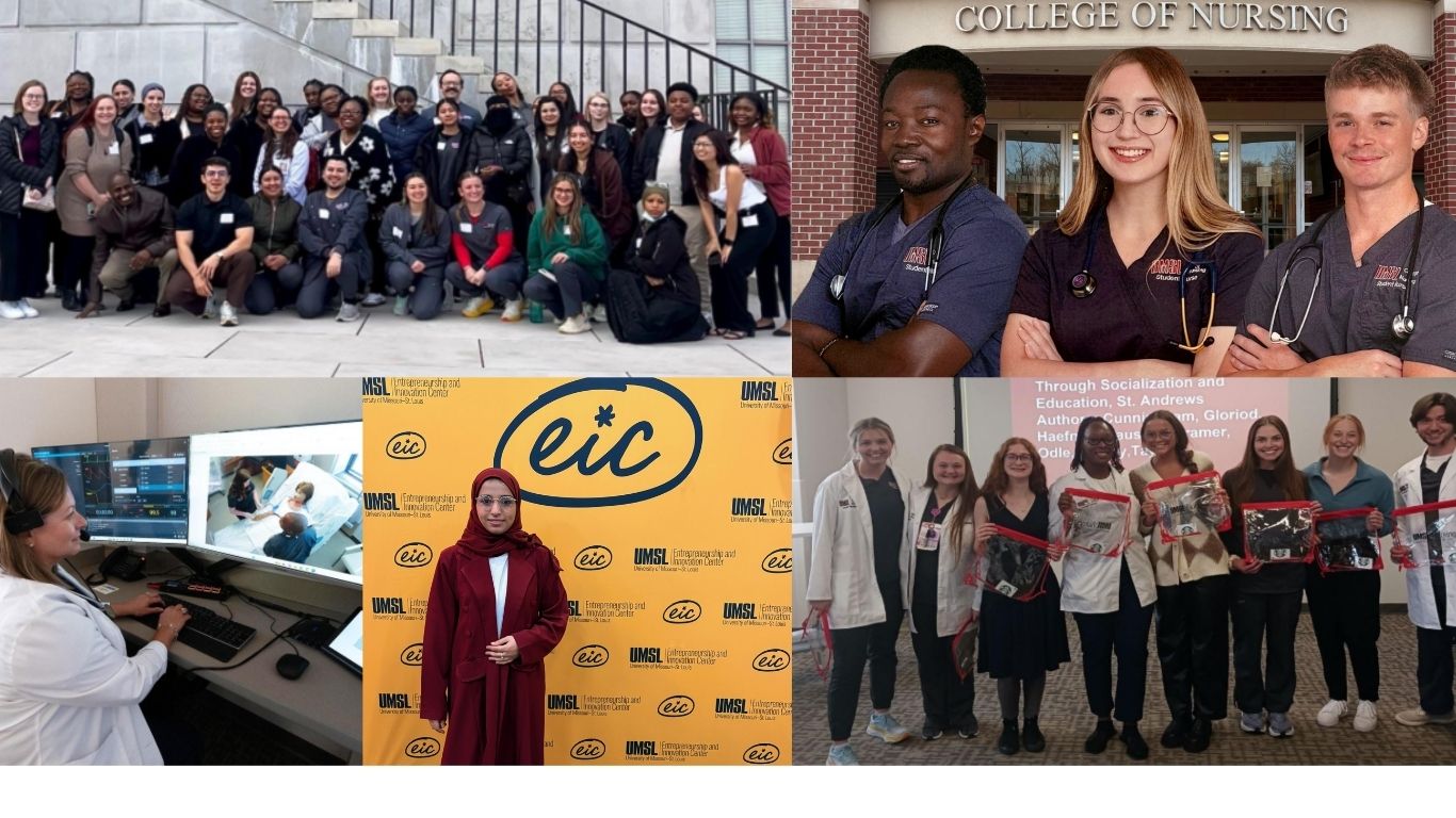 Collage of nursing students and faculty in group photos, clinical simulation and research settings, and in front of a College of Nursing building.
