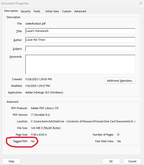 Example of a PDF's Document Properties in Adobe Acrobat Pro, exampling a PDF not being tagged