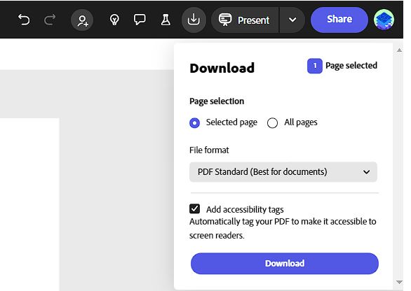 Example of download / add accessibility tag feature in Adobe Express