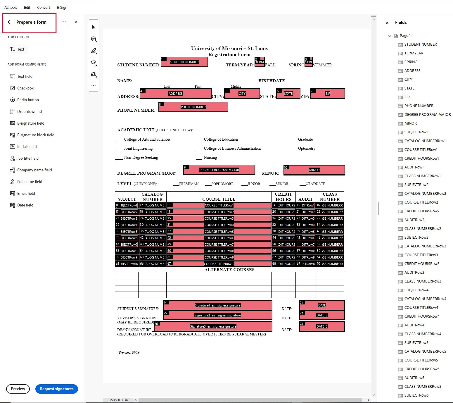 Example of Form editing menu in Adobe Acrobat Pro