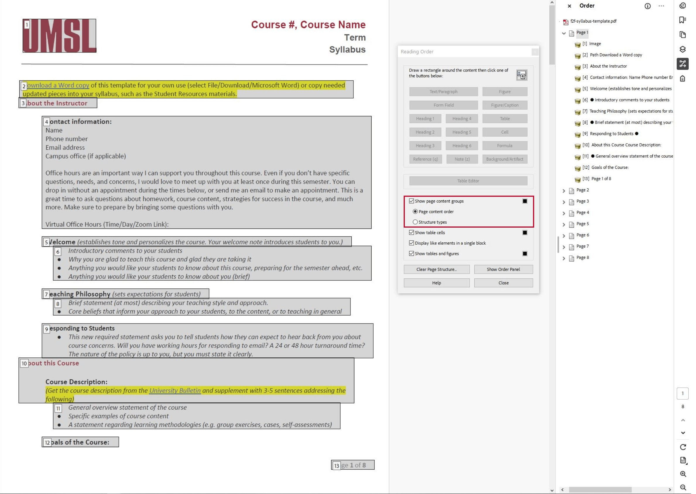 Example of the Reading Order tool in Adobe Acrobat Pro