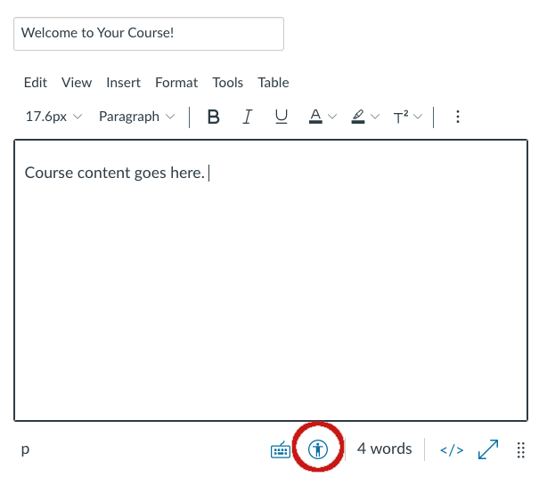Screenshot of Canvas Rich Content Editor, with Accessibility Checker icon circled