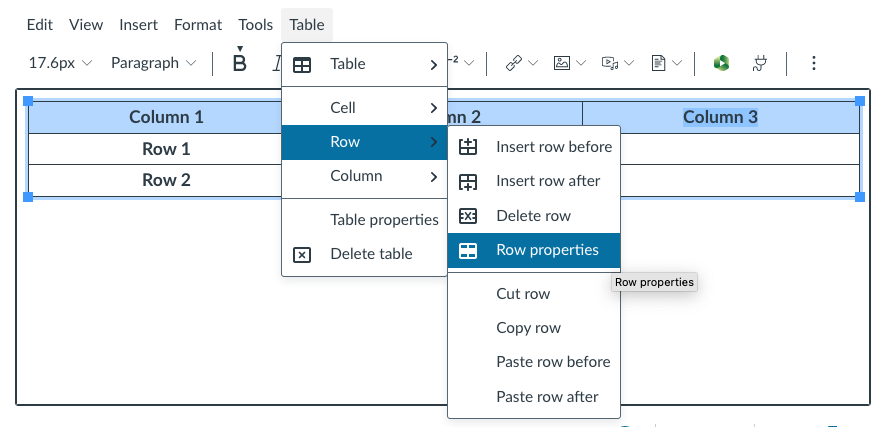 Selecting the Row properities menu item from the rich content toolbar in Canvas