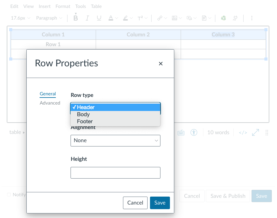 Selecting Header as Row type in the Row Properties dialog