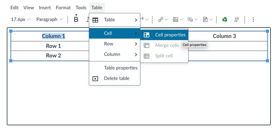 Selecting the Cell properties menu item from the rich content toolbar in Canvas