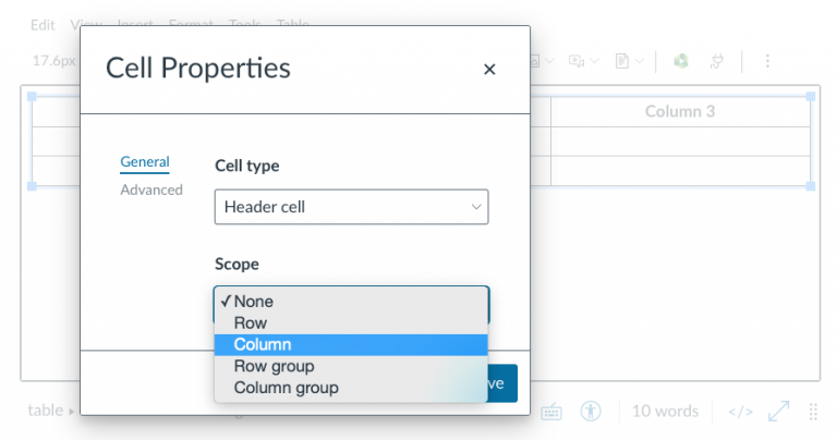 Selecting Header as cell type and Column as scope in the Cell Properties dialog