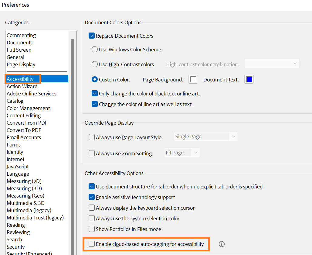 Example of Preference settings in Adobe Acrobat Pro. The Preferences menu and the Enable cloud-based auto-tagging for accessibility are highlighted with an orange rectangle.